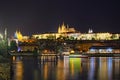 Summer night view of old Prague. Vltava river, Charles Bridge with illumination and Prague Castle with St. Vitus Cathedral Royalty Free Stock Photo