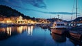 summer night in Yacht harbor blurred sea and city light reflection people silhouette relax in cafe on promenade