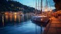 summer night in Yacht harbor blurred sea and city light reflection people silhouette relax in cafe on promenade