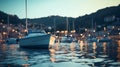 summer night in Yacht harbor blurred sea and city light reflection people silhouette relax in cafe on promenade