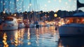 summer night in Yacht harbor blurred sea and city light reflection people silhouette relax in cafe on promenade