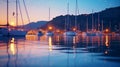 summer night in Yacht harbor blurred sea and city light reflection people silhouette relax in cafe on promenade