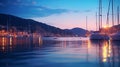 summer night in Yacht harbor blurred sea and city light reflection people silhouette relax in cafe on promenade