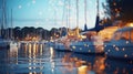 summer night in Yacht harbor blurred sea and city light reflection people silhouette relax in cafe on promenade