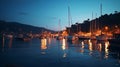 summer night in Yacht harbor blurred sea and city light reflection people silhouette relax in cafe on promenade