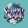 Summer nights typography banner round design in tropical flower frame