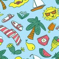 Summer objects seamless pattern. Beach background with palms and fruits. Vector illustration