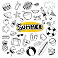 Summer objects set sticker icon in doodle design. Cartoon vector Royalty Free Stock Photo