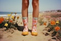 Hot Summer beach with legs and cute colorful girly flower printed motif plastic boots - generative AI