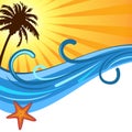 Summer ocean waves and sunset with palm tree background