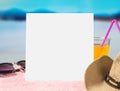 Summer offer background template for promotion and sales. Sunglasses, cocktail and brimmed hat on towel with beautiful paradise.