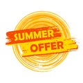 Summer offer with sun sign, yellow and orange drawn label