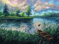 Summer oil painting nature forest landscape background on canvas with pond, evening sunset, lake, green trees, clouds, blue sky Royalty Free Stock Photo