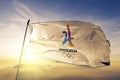 Summer Olympics logo flag textile cloth fabric waving on the top sunrise mist fog