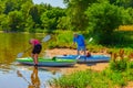 Summer in Omaha, Kayaks on the beach at the lake at Ed Zorinsky lake park, Omaha, Nebraska, USA