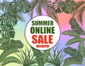 Summer online sale. Banner on the background of palm leaves on all sides and a multi-colored gradient. Shop now Royalty Free Stock Photo