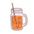 Summer orange cocktail in glass jar with handle and straw. Natural juicy smoothie. Detox refreshing drink. Tropical