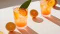 Summer orange cocktails with citrus fruits on white background. Hard seltzer, lemonade, refreshing drinks Royalty Free Stock Photo