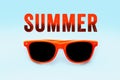 Summer orange text message and orange sunglasses isolated in light blue background. Minimal concept image.