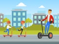 Summer Outdoor Activities, Children Riding Kick Scooter, Young Man Riding Hoverboard on City Street Cartoon Vector