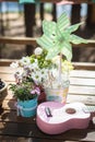 Summer outdoor birthday party decoration on a wooden table. Green pinwheel, flowers and pink ukulele