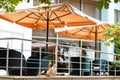 Summer outdoor cafe with wicker chairs and umbrellas. A stray cat sits near the fence Royalty Free Stock Photo