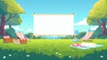 In the summer, an outdoor cinema can be found in a city park, garden, or backyard. This modern cartoon shows an empty Royalty Free Stock Photo