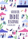 Summer outdoor indie music festival, fair or open air event flyer or poster template with cute tiny people and place for