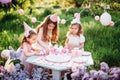 Summer outdoor kids birthday party. Group of happy Children celebrating birthday in park. Royalty Free Stock Photo