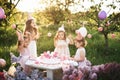 Summer outdoor kids birthday party. Group of happy Children celebrating birthday in park. Royalty Free Stock Photo