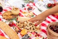 Summer outdoor picnic party. Food, honey and fruits lay on checkered blanket Royalty Free Stock Photo