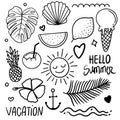 Summer outline theme. Vector isolated illustration in hand drawn style, summer set Royalty Free Stock Photo