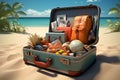 Summer packing Travel suitcase with beach essentials, 3D illustration