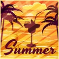 Summer, palm trees, sea, evening, cocktail, banner, vector illustration