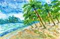 Summer palms beach ocean sea sand landscape turquoise sky blue watercolor illustration