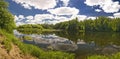 Summer panorama September landscape on the river next to the forest, beautiful nature of Russia high resolution photo Royalty Free Stock Photo