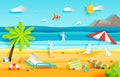 Summer panorama of tropical beach with people, paper cut style