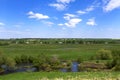 Summer panormama river field against a blue sky