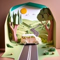 Summer Paper Art: A One-Day Road Trip Escape from the City on a Holiday Weekend with a Car. Generative AI