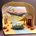 Summer Paper Art One-Day Road Trip Escape from the City on a Holiday Weekend with a Car. Generative AI