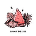 Summer Paradise grunge tshirt design with watermelon and tropic leaves, shell. Exotic hawaiian floral drawing Royalty Free Stock Photo