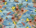Summer paradise island seamless pattern. Tropics background Capri Italy Inspired palm trees, Mountain, ocean sea waves texture