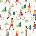 Summer park concept outdoor activity vector illustration. Flat active people spend time in city park together, walking Royalty Free Stock Photo