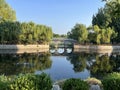 Summer Park. Exquisite stone arch bridge