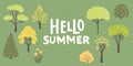 Summer in park, hand drawn trees and flowers on green grass. Hello Summer text on banner. Park festival, vacation