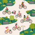 Summer park with people riding bikes. Different cartoon bicycle riders