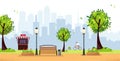 Summer park. Public park in the city with Street Cafe, Fast Food Restaurant against high-rise buildings silhouette. Landscape with