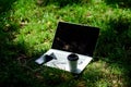 Summer park. Work and relax in natural environment. Green office. Its coffee time. Coffee take away. Coffee break Royalty Free Stock Photo