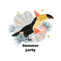 Summer party banner with funny toucan drinking cocktail
