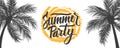 Summer Party banner. Summertime party tropical background with hand drawn lettering Summer Party, brush stroke sun and palm trees.